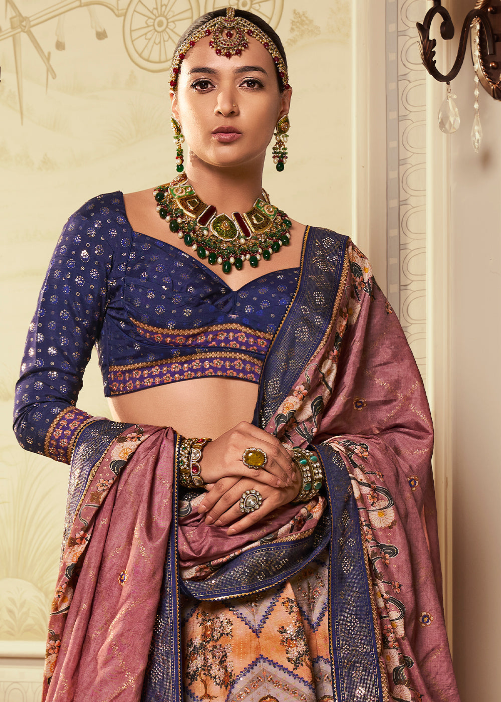 Pink & Blue Banarasi Silk lehenga Choli Having Beautiful Embellishment work