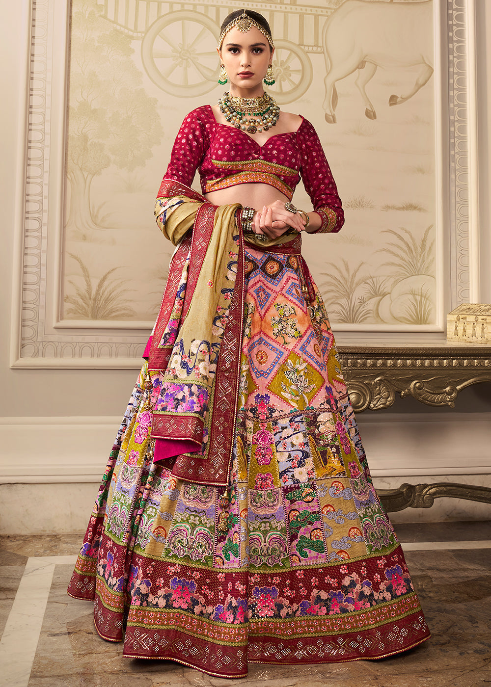 Shades Of Red & Pink Banarasi Silk lehenga Choli Having Beautiful Embellishment work