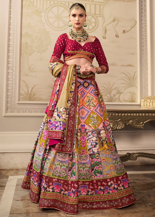 Shades Of Red & Pink Banarasi Silk lehenga Choli Having Beautiful Embellishment work