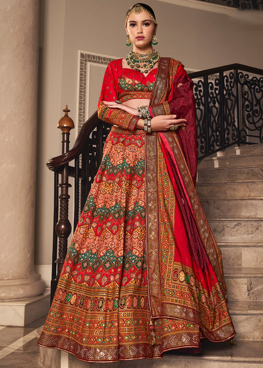 Shades Of Red Banarasi Silk lehenga Choli Having Beautiful Embellishment work