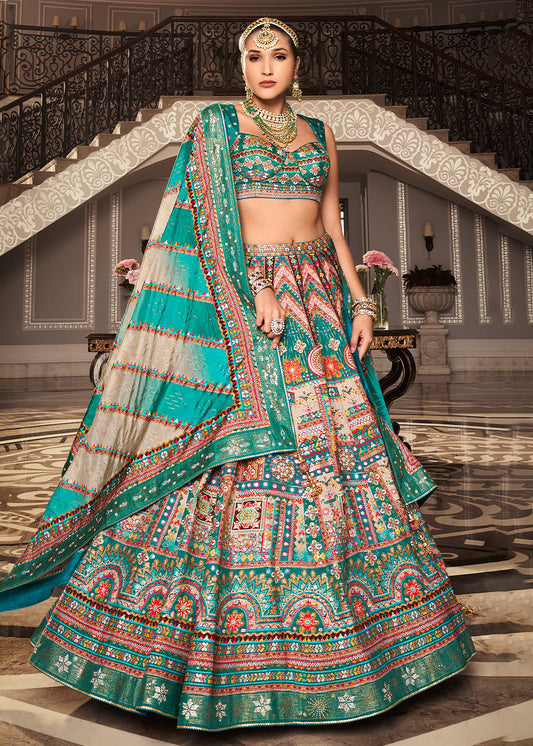 Shades Of Green Banarasi Silk lehenga Choli Having Beautiful Embellishment work