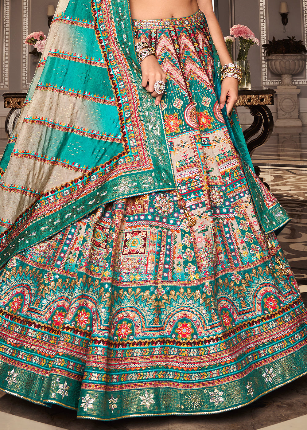 Shades Of Green Banarasi Silk lehenga Choli Having Beautiful Embellishment work