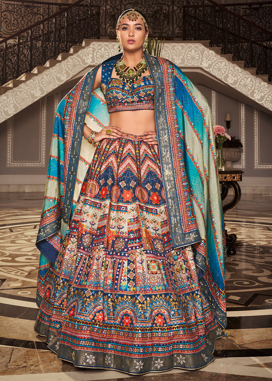 Shades Of Blue Banarasi Silk lehenga Choli Having Beautiful Embellishment work