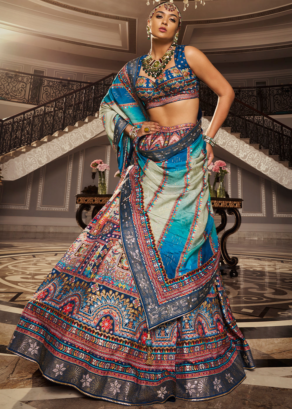 Shades Of Blue Banarasi Silk lehenga Choli Having Beautiful Embellishment work