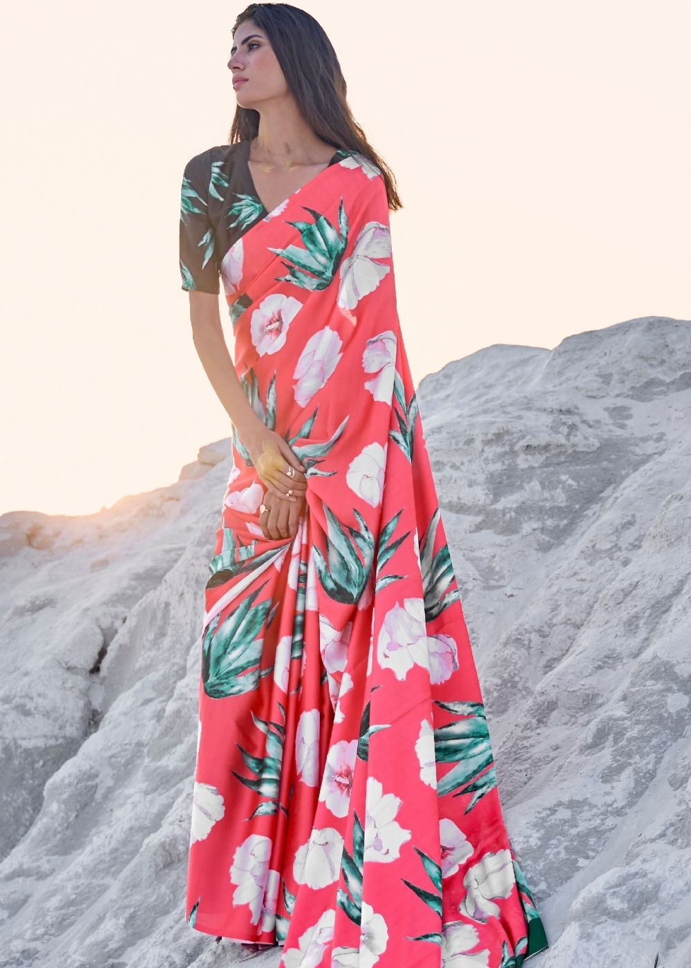 Strawberry Pink Digital Printed Crepe Silk Saree: Top Pick