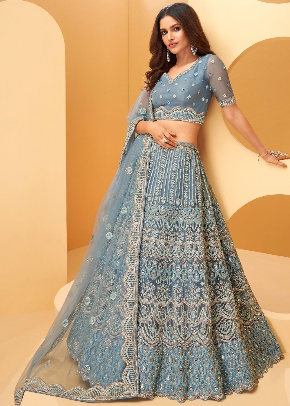 Steel Blue Net Lehenga Choli with Floral Cording, Sequins, Mirror & Thread work