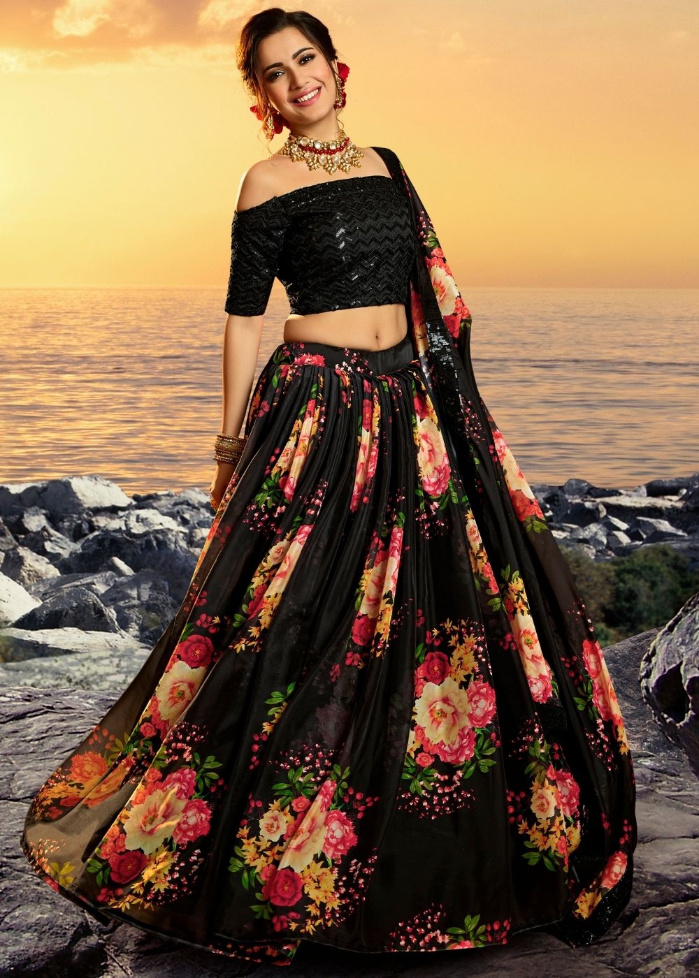 Midnight Black Organza Designer Printed Floral Lehenga Choli with Sequins and Zari work