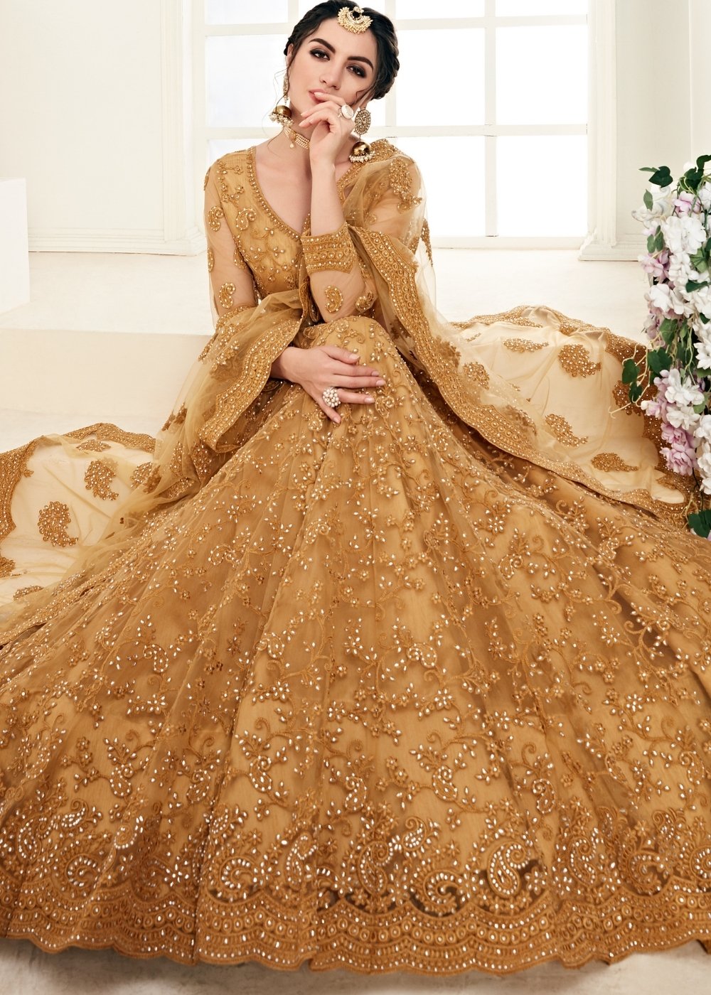 Caramel Brown Soft Net Lehenga Choli with Cording Embroidery & Stonework