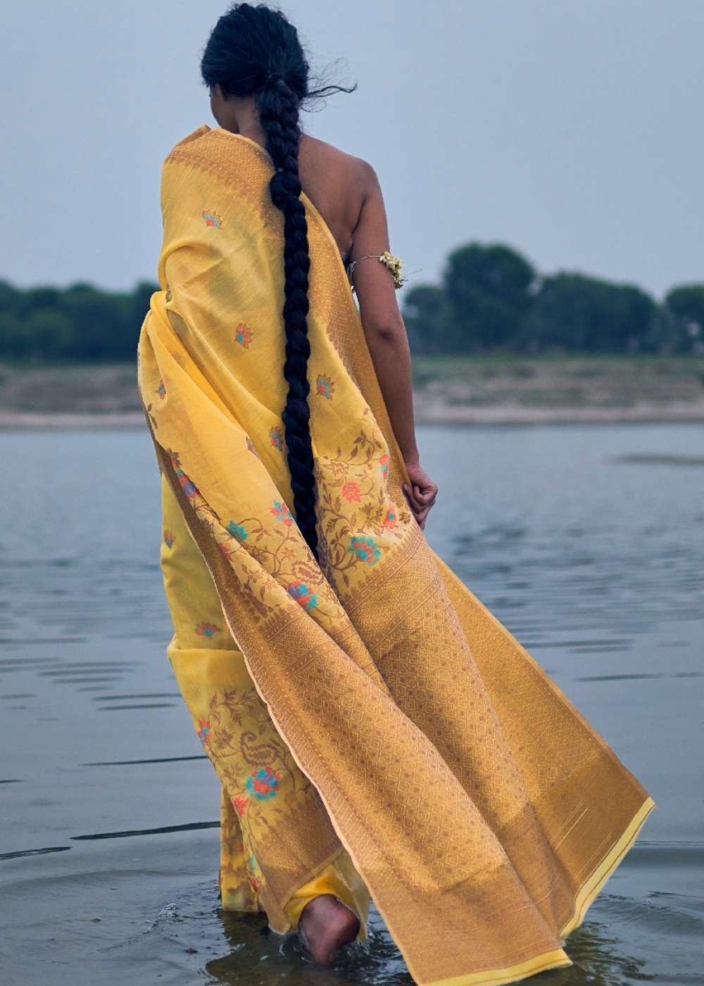 Tuscany Yellow Woven Linen Silk Saree with Floral Motif on Pallu and Border