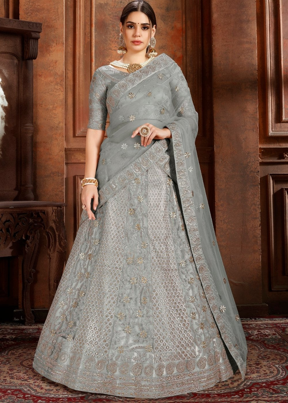 Trout Grey Soft Net Lehenga Choli with Thread,Zari, Zarkan & Pearl work