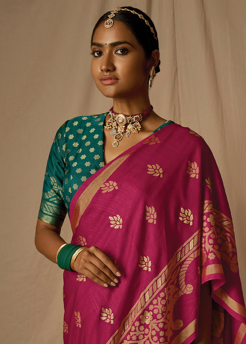 Cerise Pink Woven Soft Silk Saree