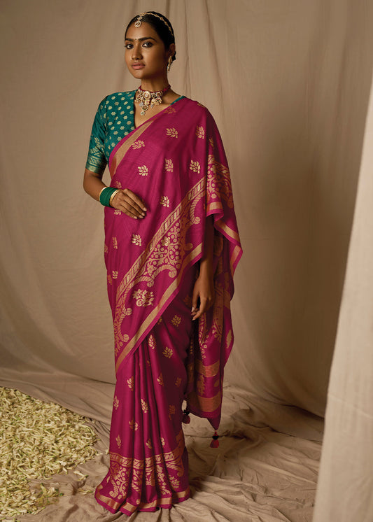 Cerise Pink Woven Soft Silk Saree