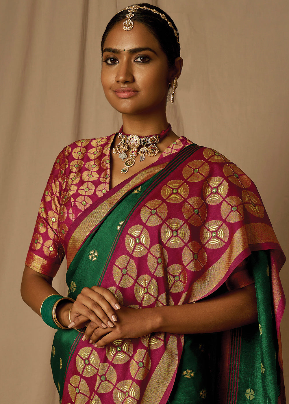 Green & Red Woven Soft Silk Saree