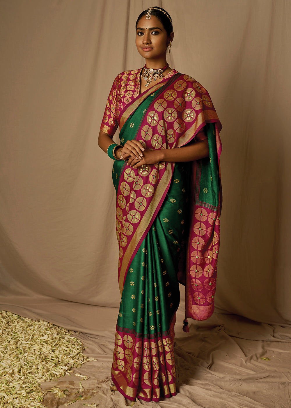 Green & Red Woven Soft Silk Saree