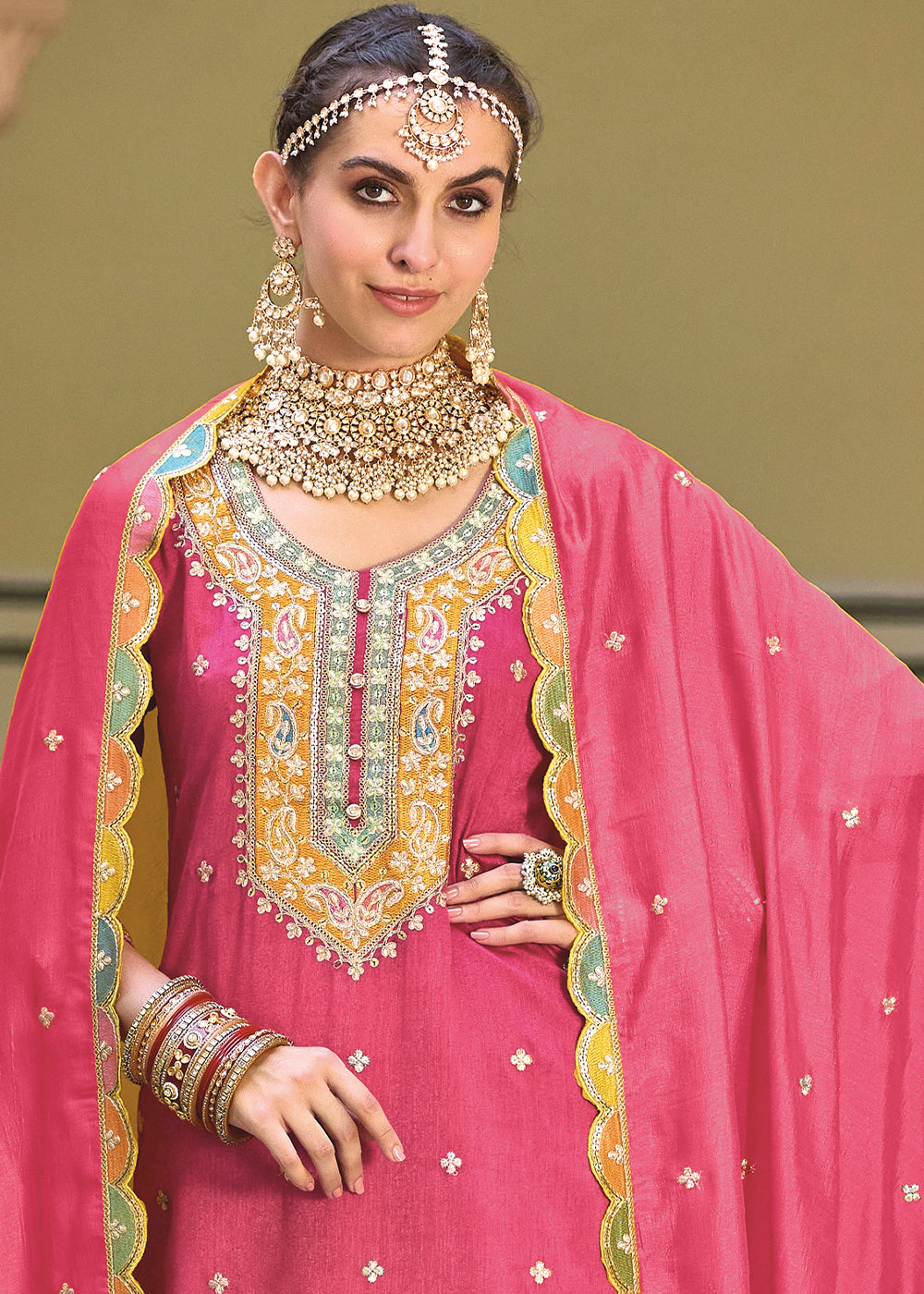 Hot Pink Chinnon Silk Plazzo Suit with Heavy Embroidery work