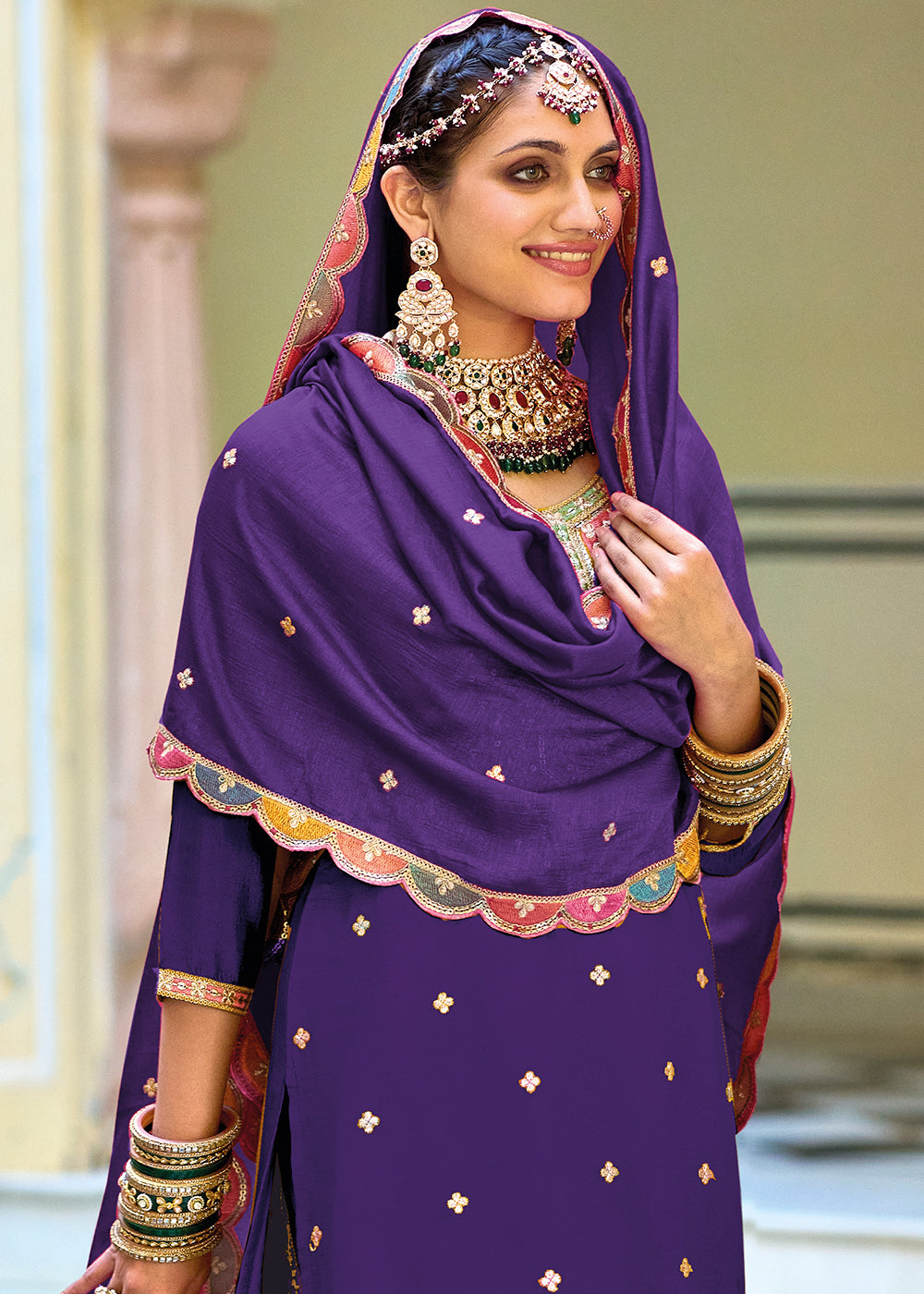 Indigo Purple Chinnon Silk Plazzo Suit with Heavy Embroidery work