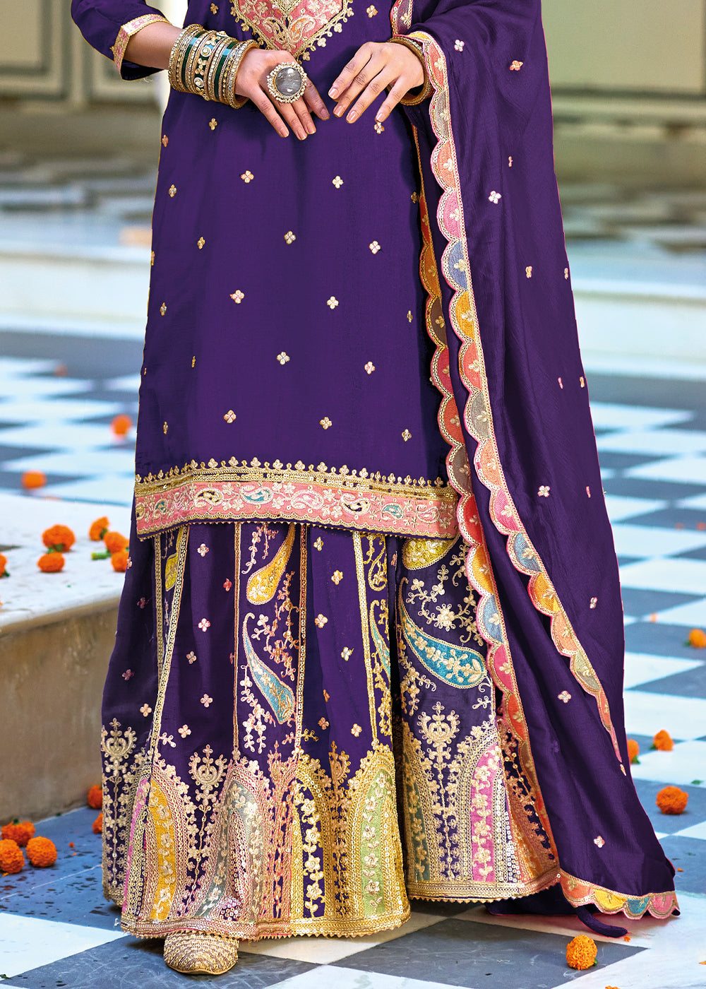 Indigo Purple Chinnon Silk Plazzo Suit with Heavy Embroidery work