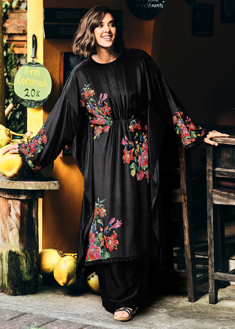 Midnight Black Digitally Printed Viscose Crepe Designer Straight Suit