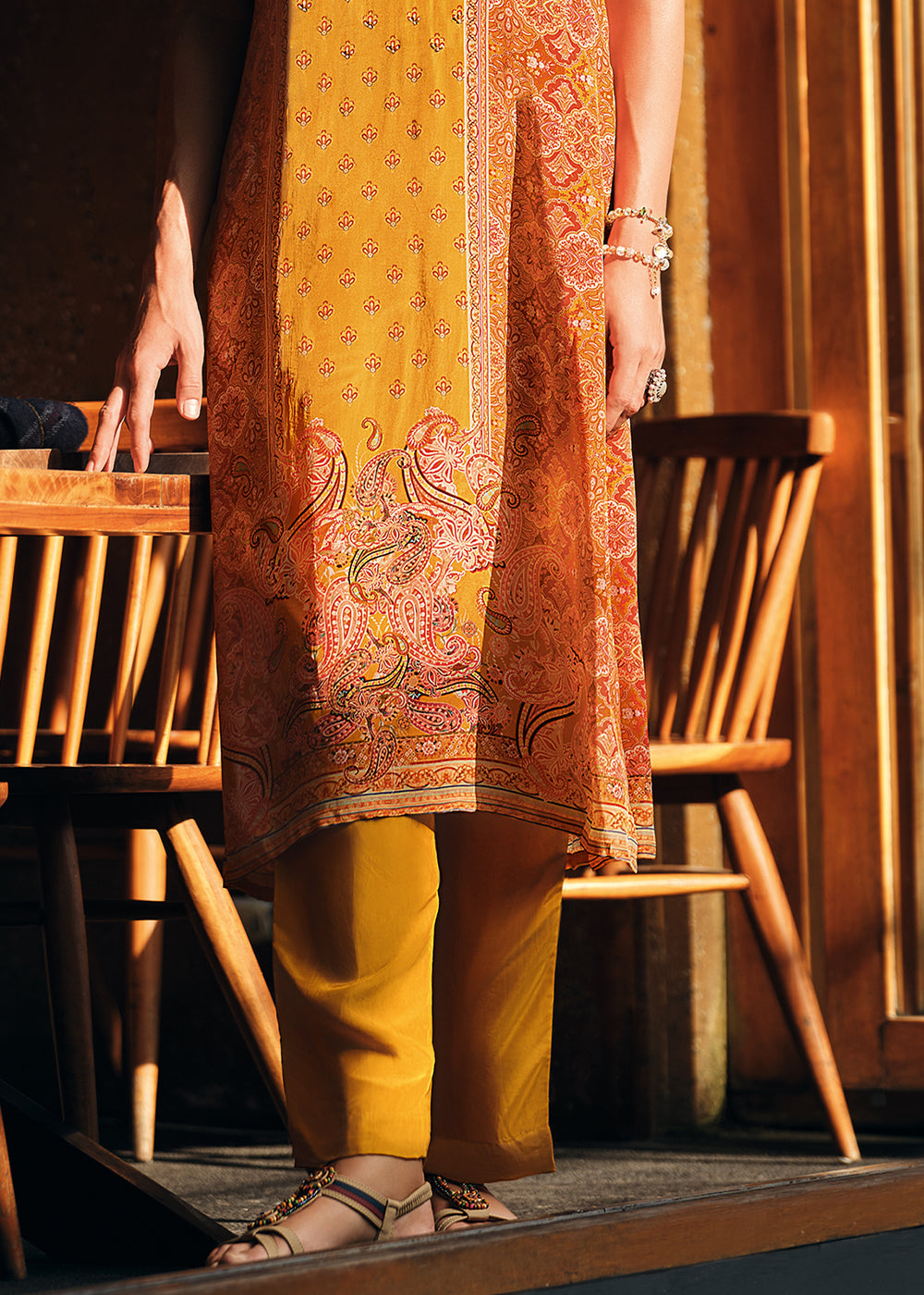 Saffron Yellow Digitally Printed Viscose Crepe Designer Straight Suit