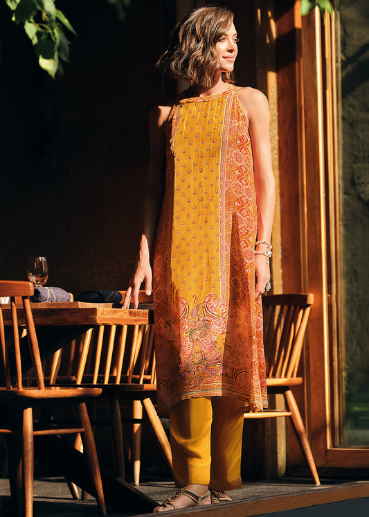 Saffron Yellow Digitally Printed Viscose Crepe Designer Straight Suit