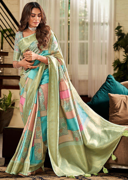 Multi Colour & Green Zari Border Soft Handloom Silk With Beautiful Water Color Type Digital Print