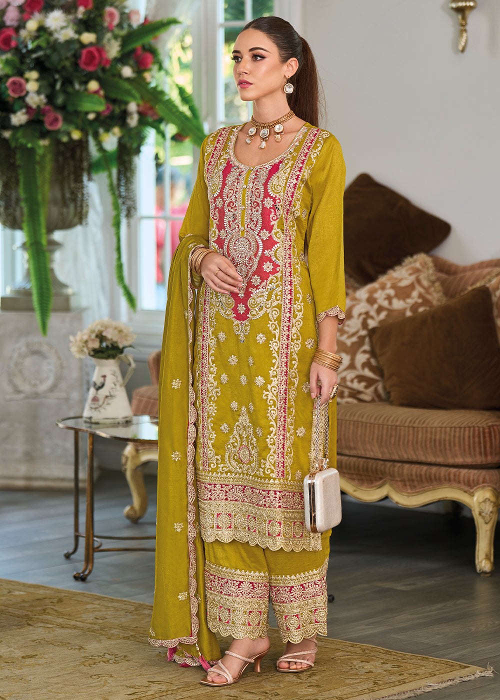 Olive Green Silk Plazzo Suit with Intricate Embroidery work