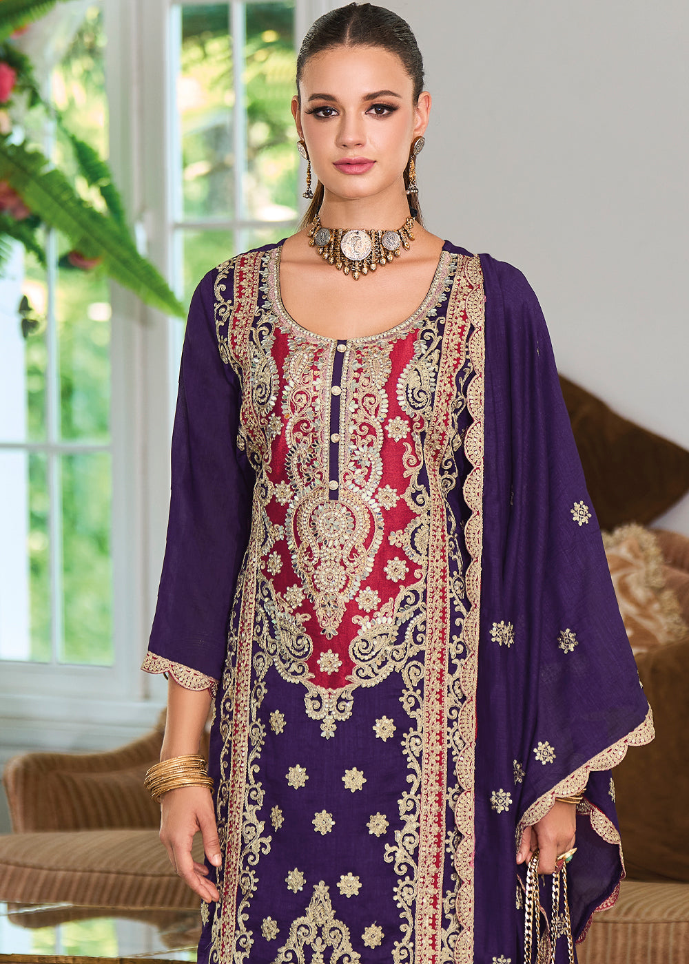 Indigo Purple Silk Plazzo Suit with Intricate Embroidery work