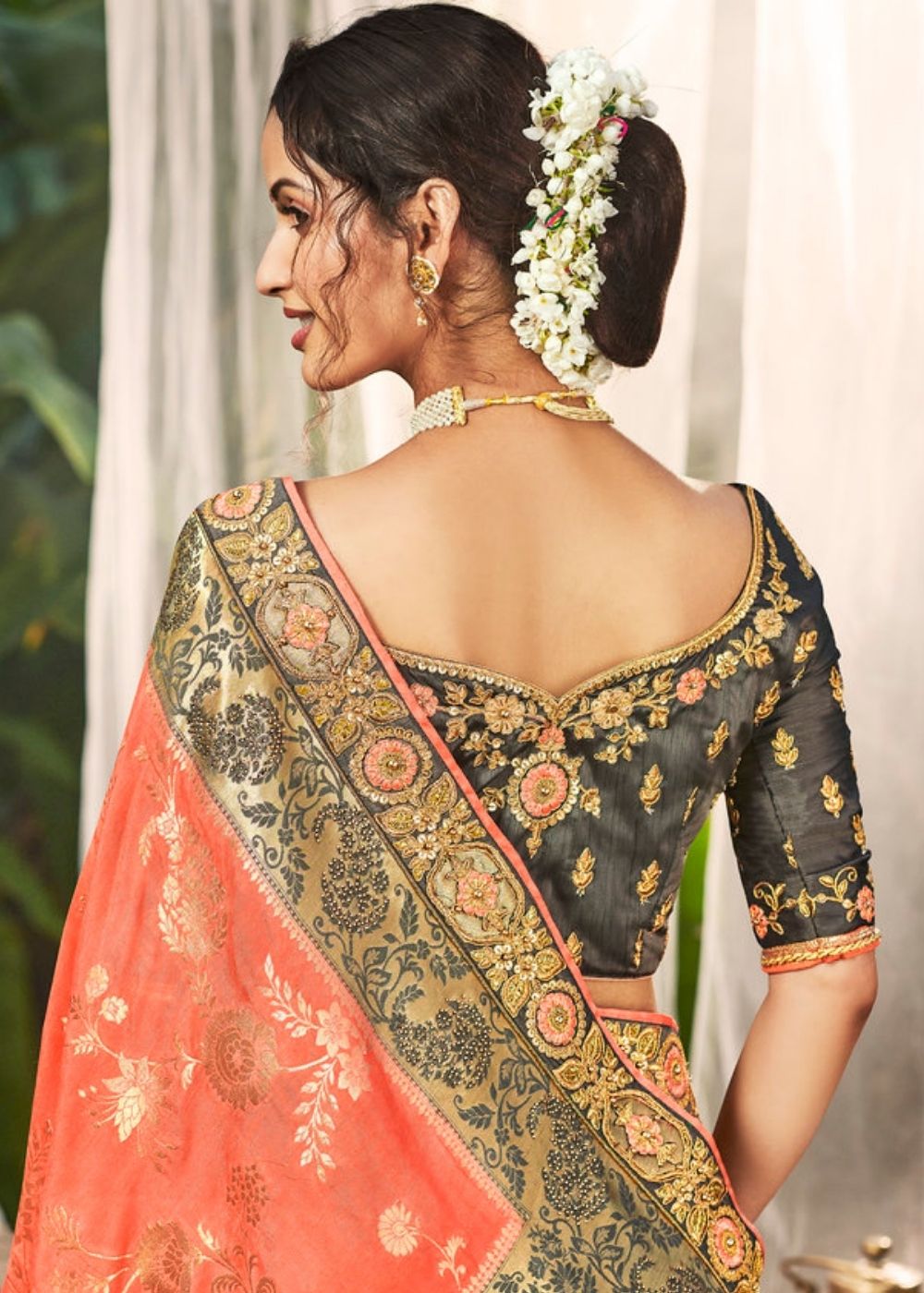 CoralPink and Grey Banarasi Dola Silk Saree with Resham Embroidery, Zari and Sequence work