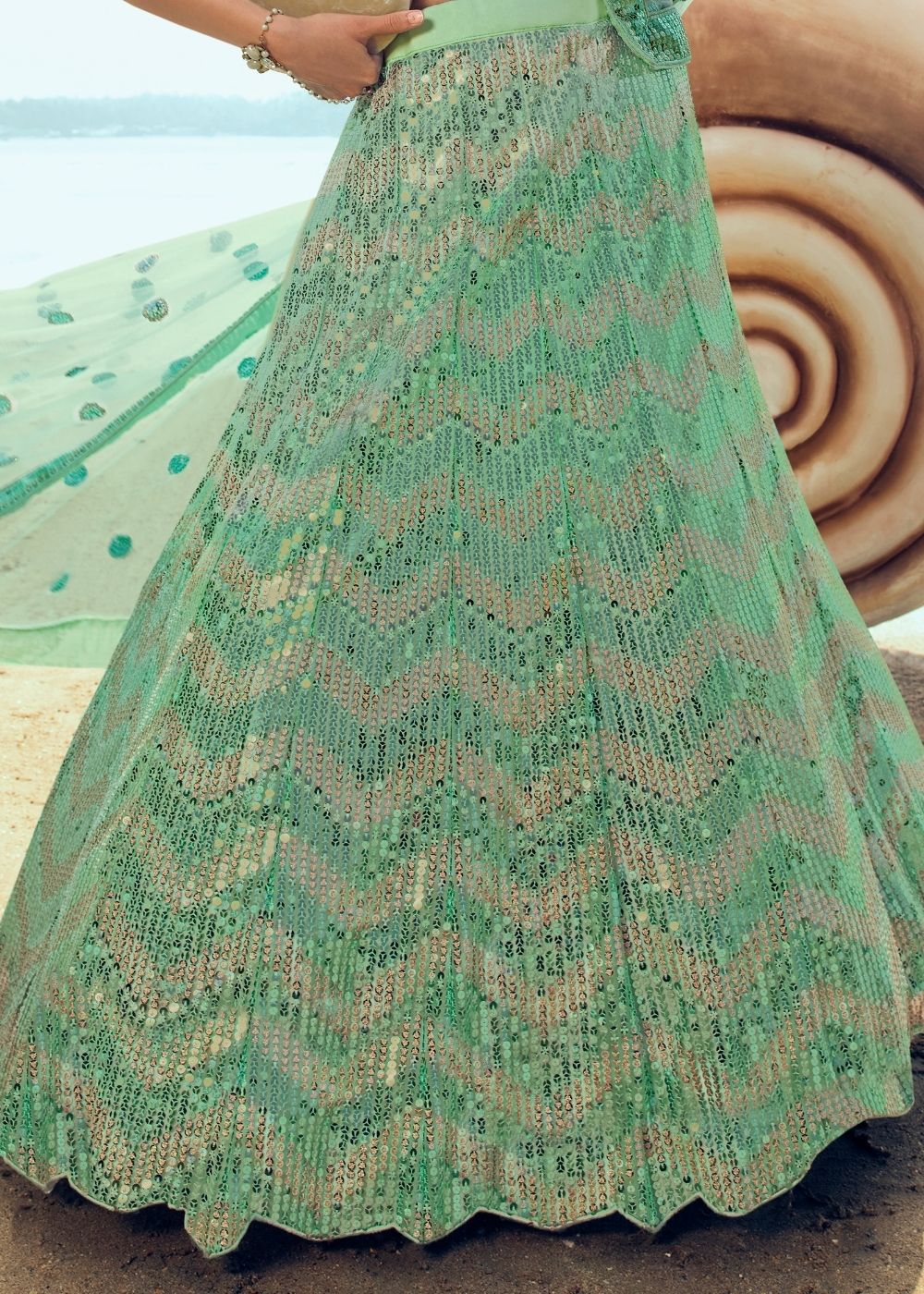 Mint Green Soft Net Designer Lehenga Choli with overall Sequins work
