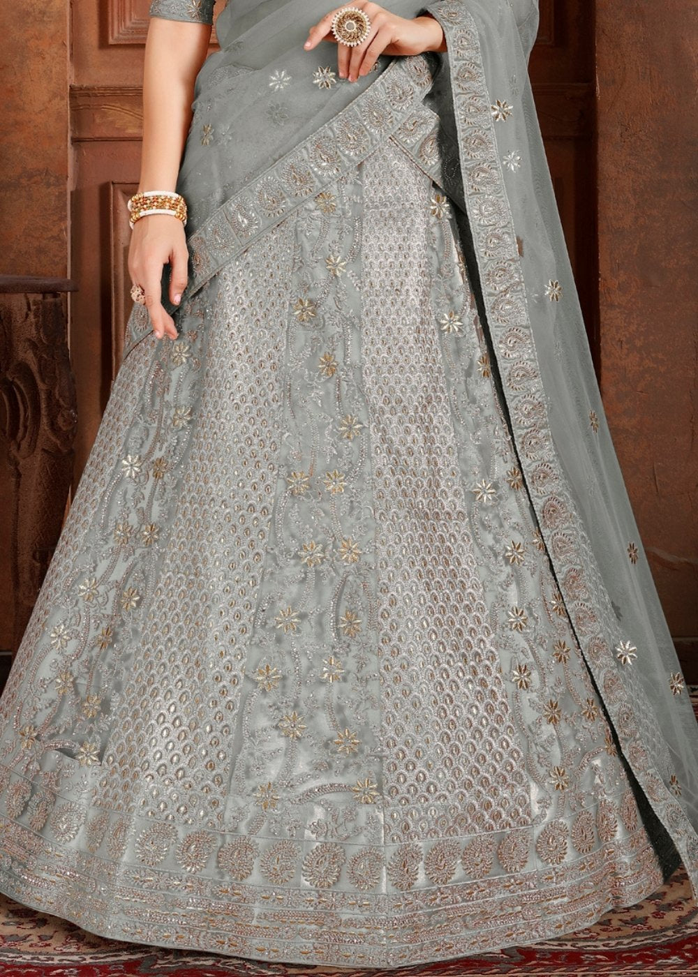 Trout Grey Soft Net Lehenga Choli with Thread,Zari, Zarkan & Pearl work