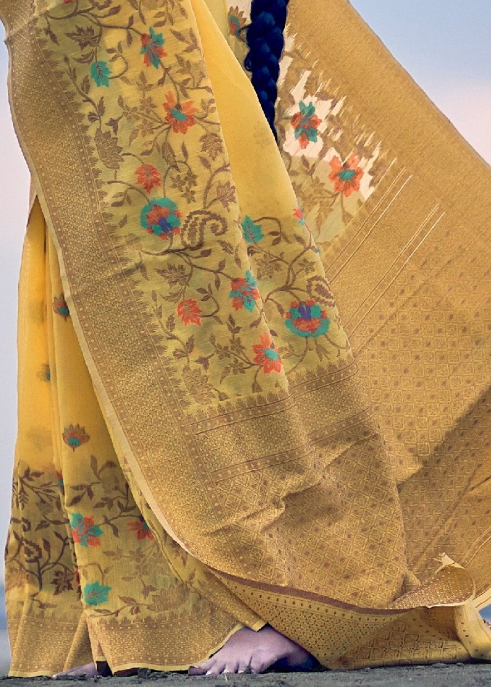 Tuscany Yellow Woven Linen Silk Saree with Floral Motif on Pallu and Border