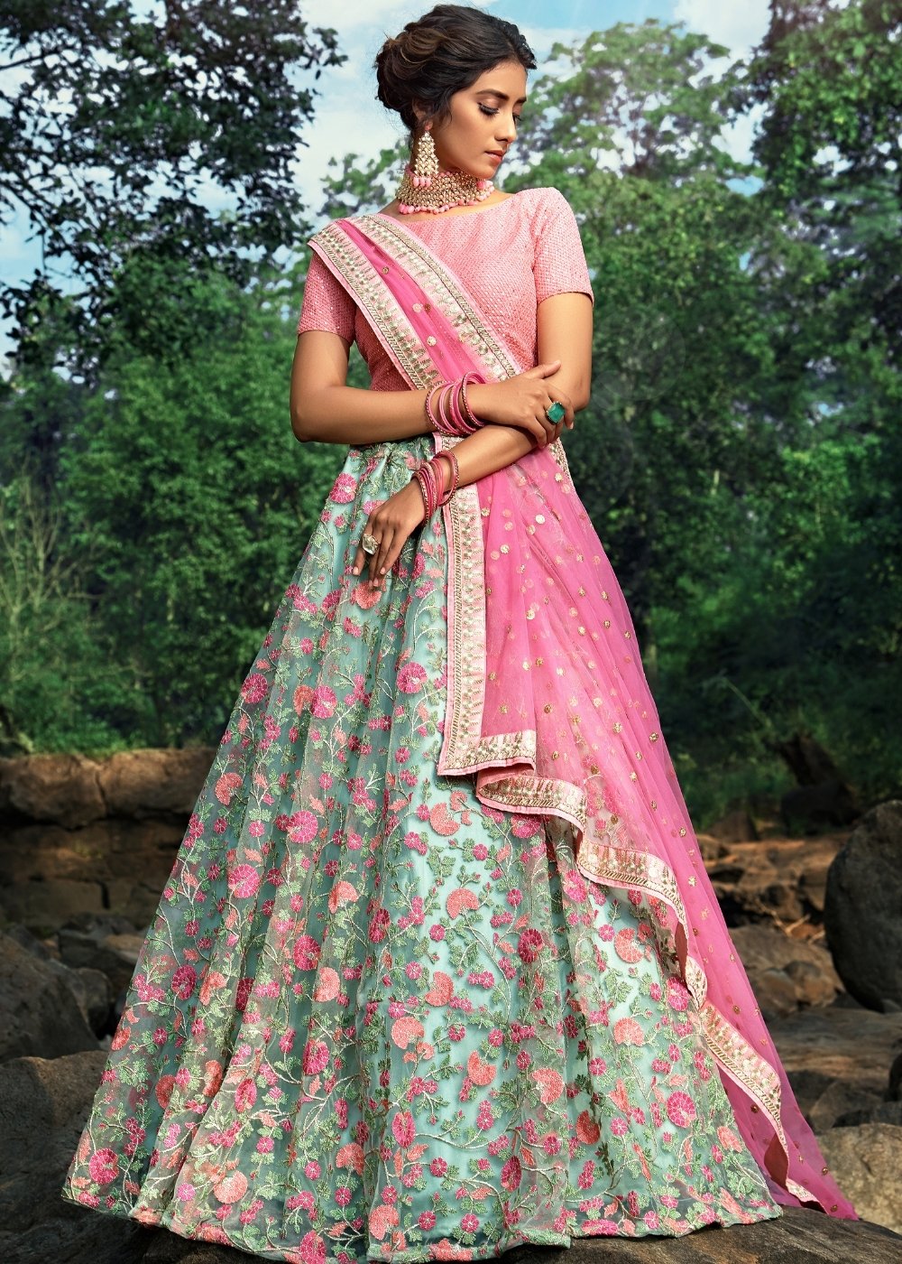 Pista Green & Pink Designer Soft Net Lehenga Choli with Sequins, Thread & Zari work