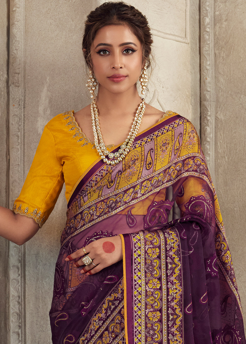 Eggplant Purple Floral Printed Organza Silk Saree