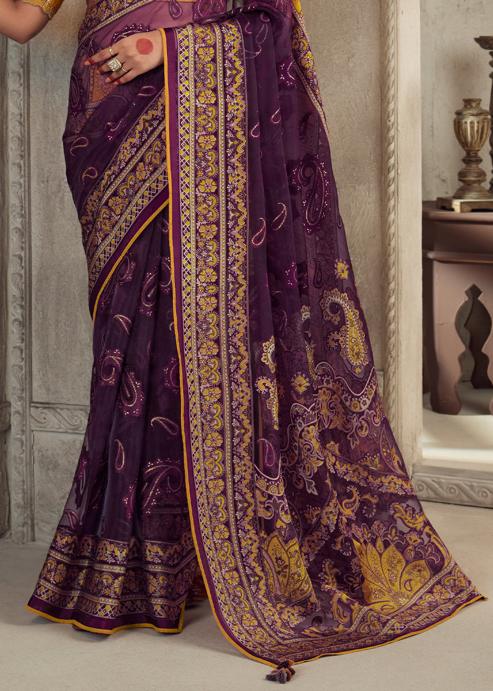 Eggplant Purple Floral Printed Organza Silk Saree