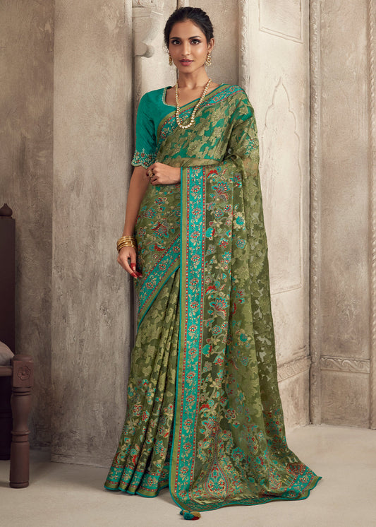 Fern Green Floral Printed Organza Silk Saree