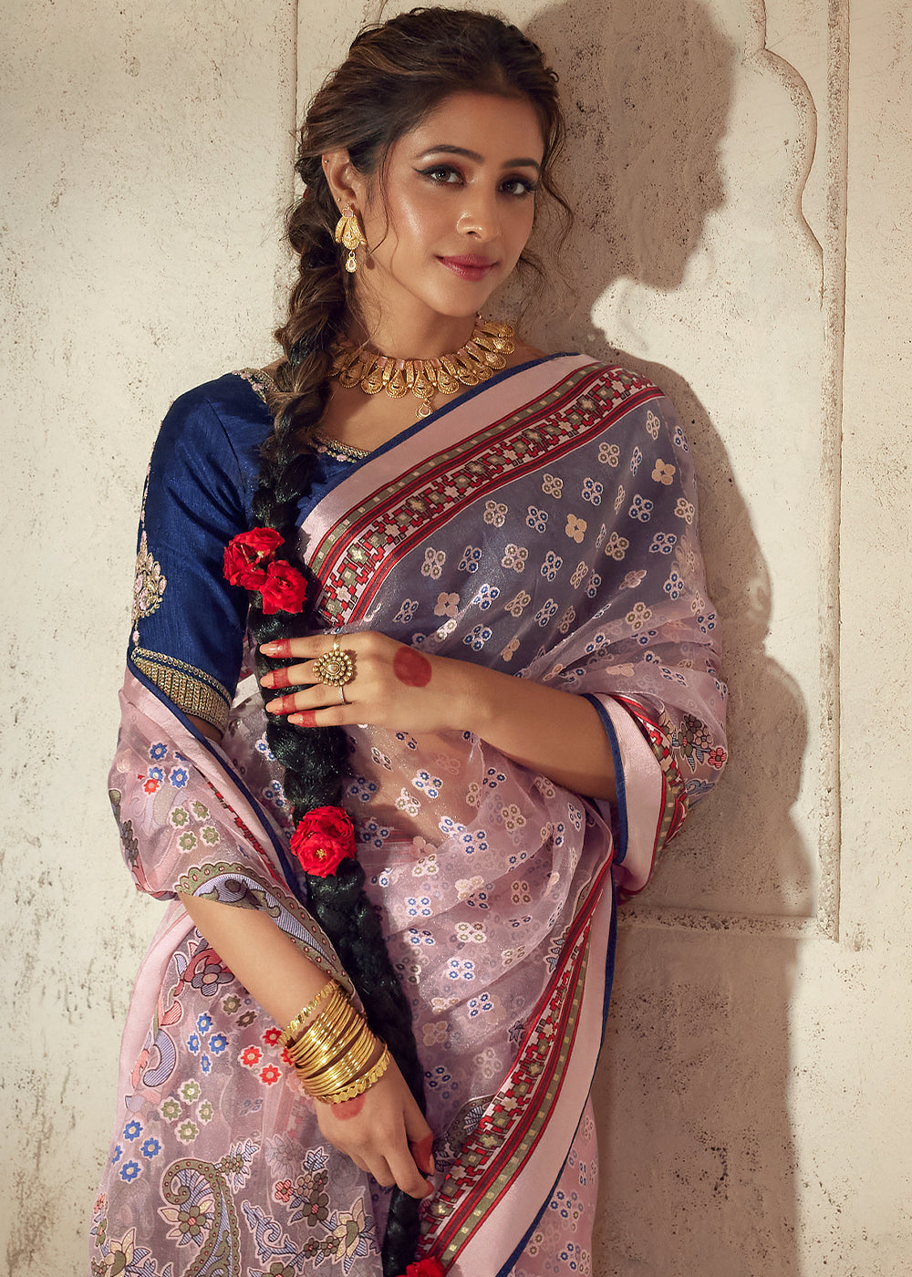 Light Pink Floral Printed Organza Silk Saree