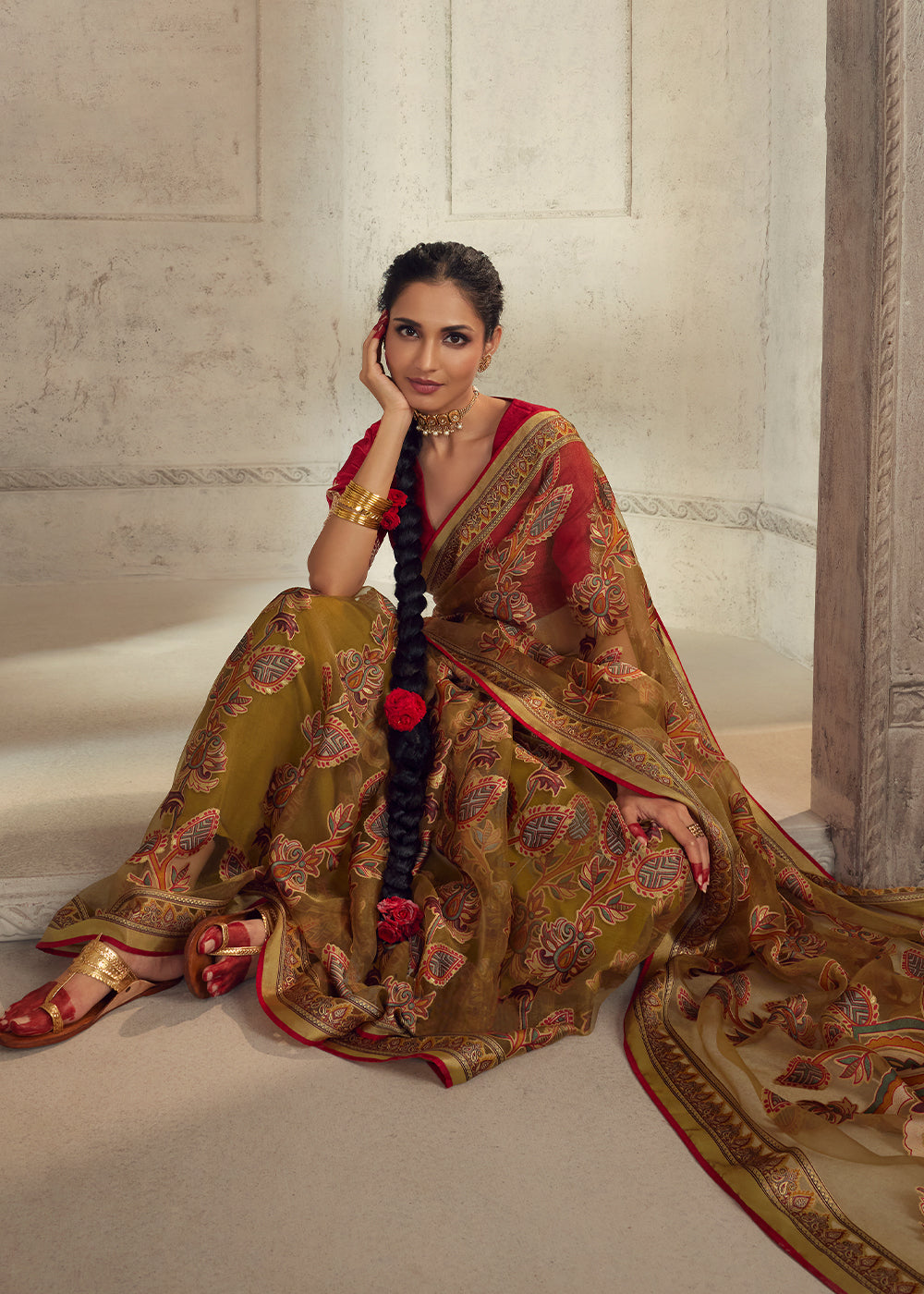 Caramel Brown Floral Printed Organza Silk Saree