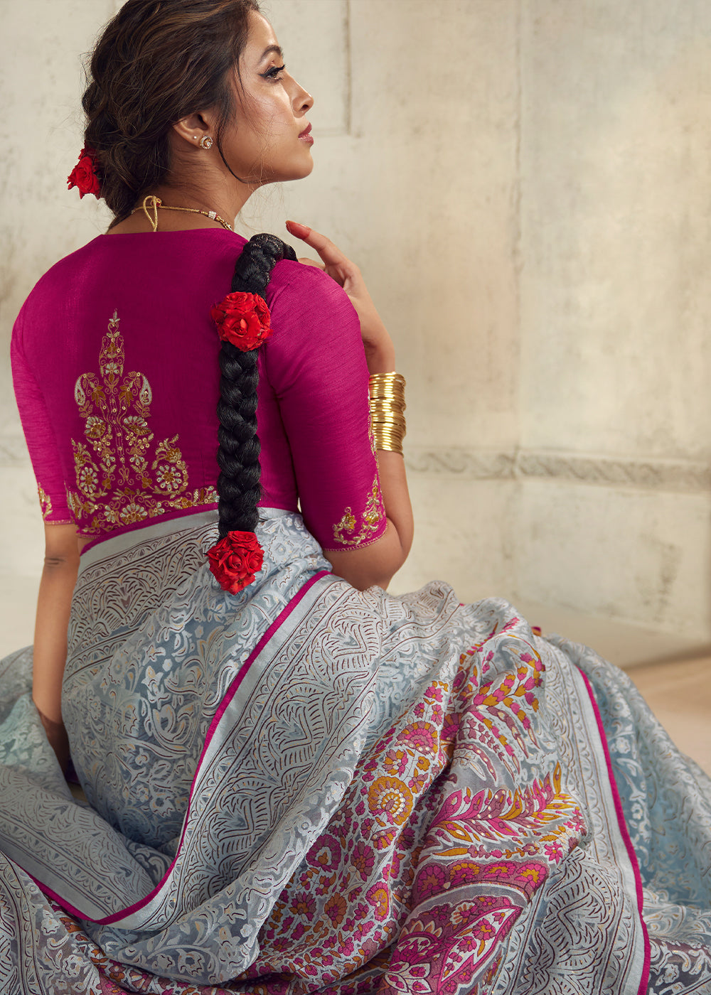 Light Blue Floral Printed Organza Silk Saree