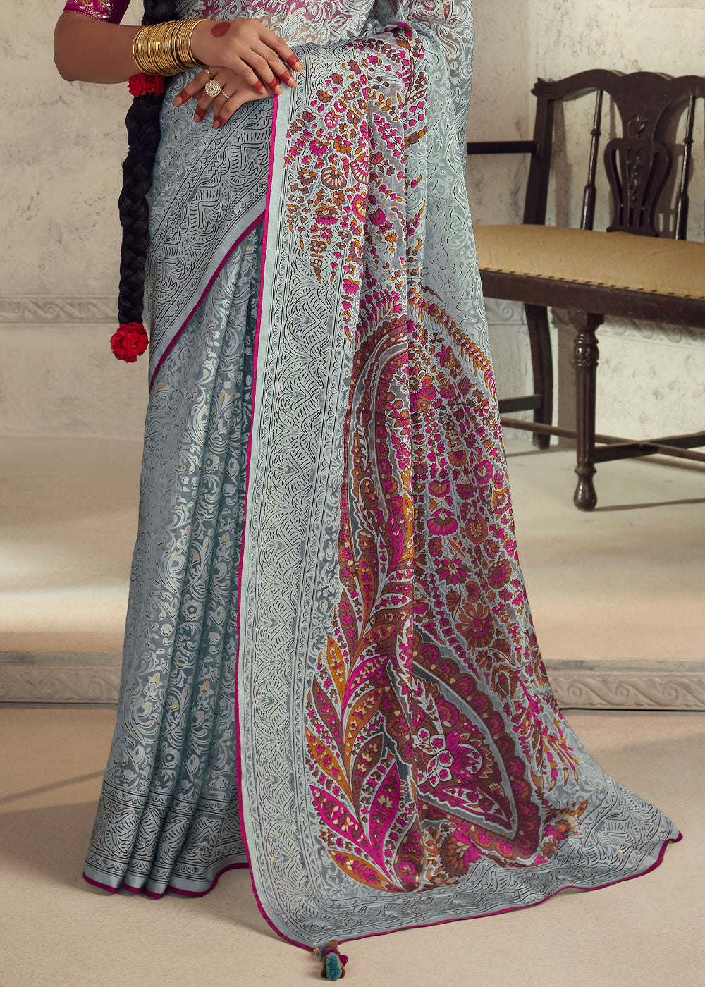 Light Blue Floral Printed Organza Silk Saree