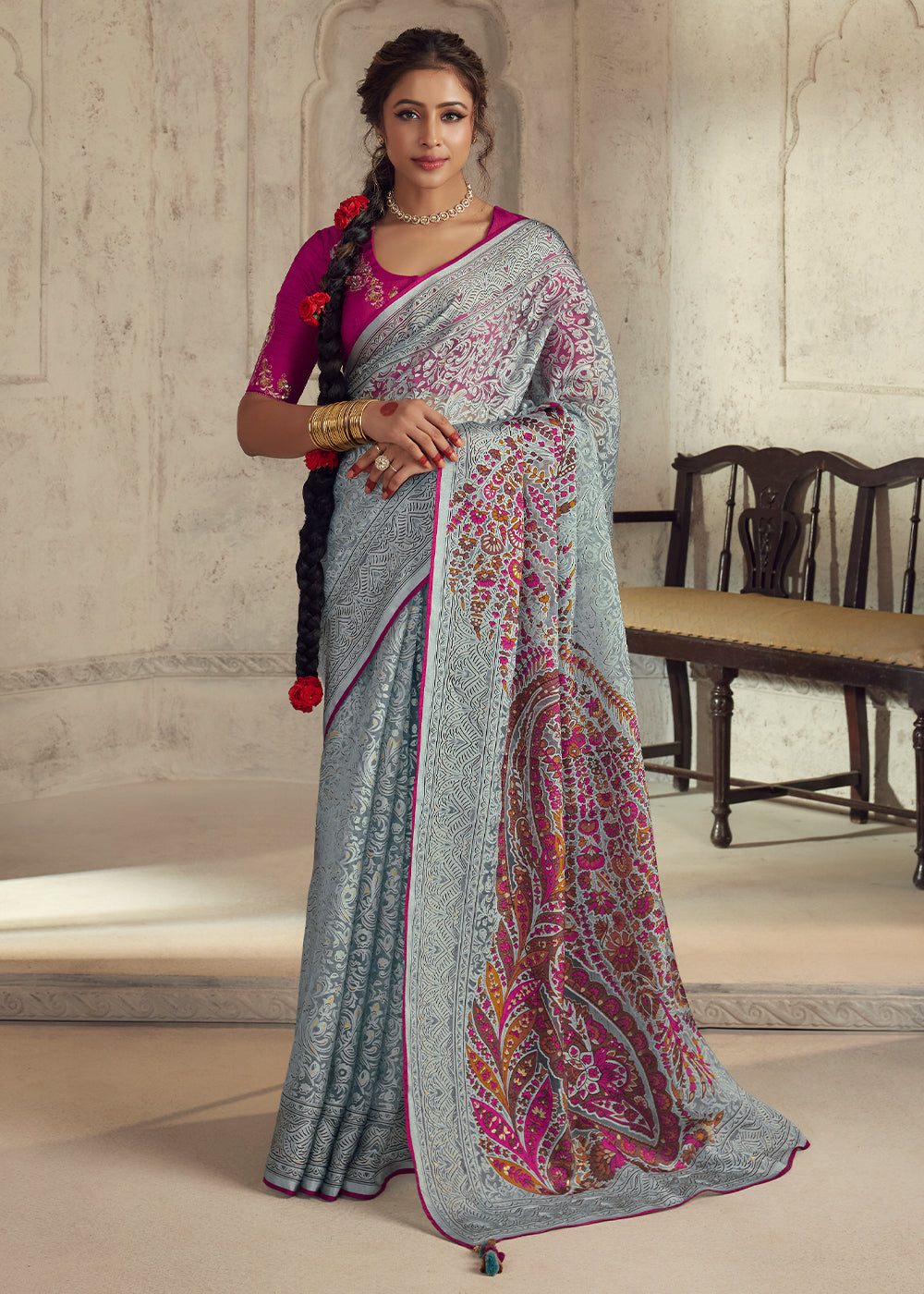 Light Blue Floral Printed Organza Silk Saree