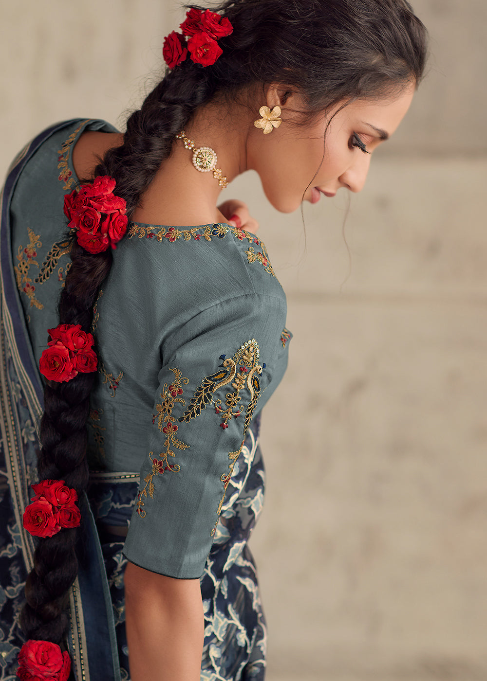 Dark Blue Floral Printed Organza Silk Saree