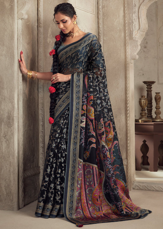 Dark Blue Floral Printed Organza Silk Saree