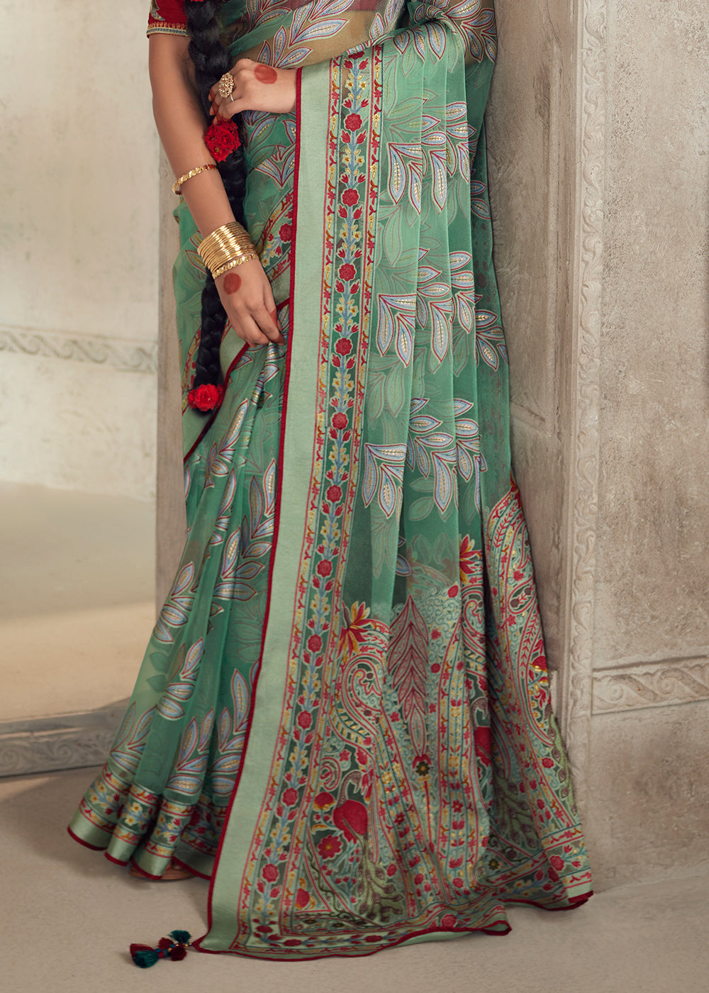 Cool Green Floral Printed Organza Silk Saree