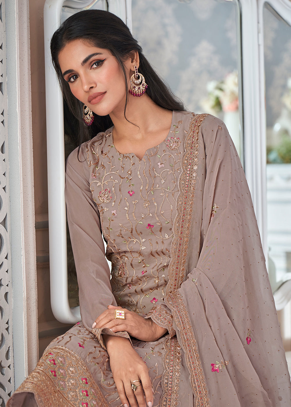 Elephant Grey Organza Silk Embroidered Salwar Suit