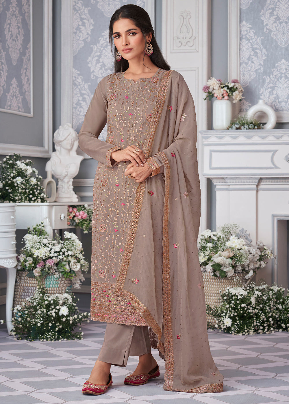 Elephant Grey Organza Silk Embroidered Salwar Suit