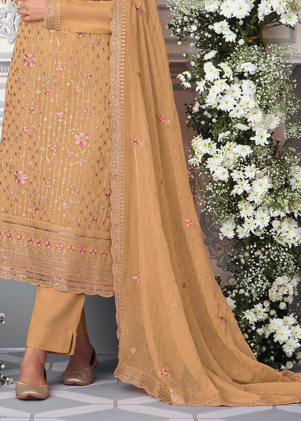 Sepia Yellow Organza Silk Embroidered Salwar Suit