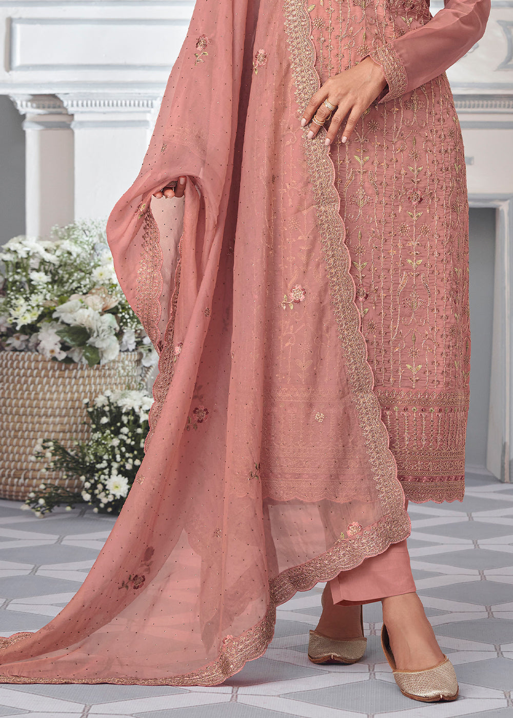 Puce Pink Organza Silk Embroidered Salwar Suit