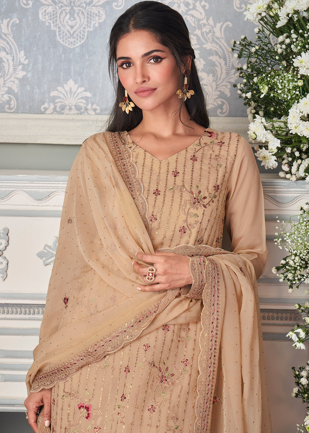 Tan Brown Organza Silk Embroidered Salwar Suit