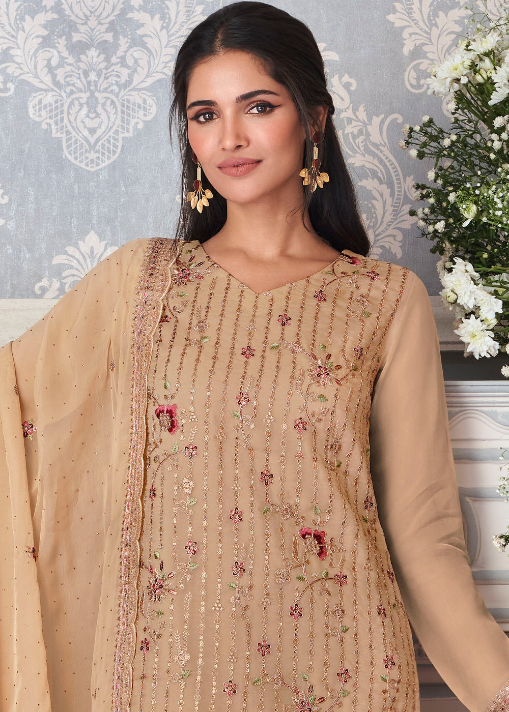 Tan Brown Organza Silk Embroidered Salwar Suit