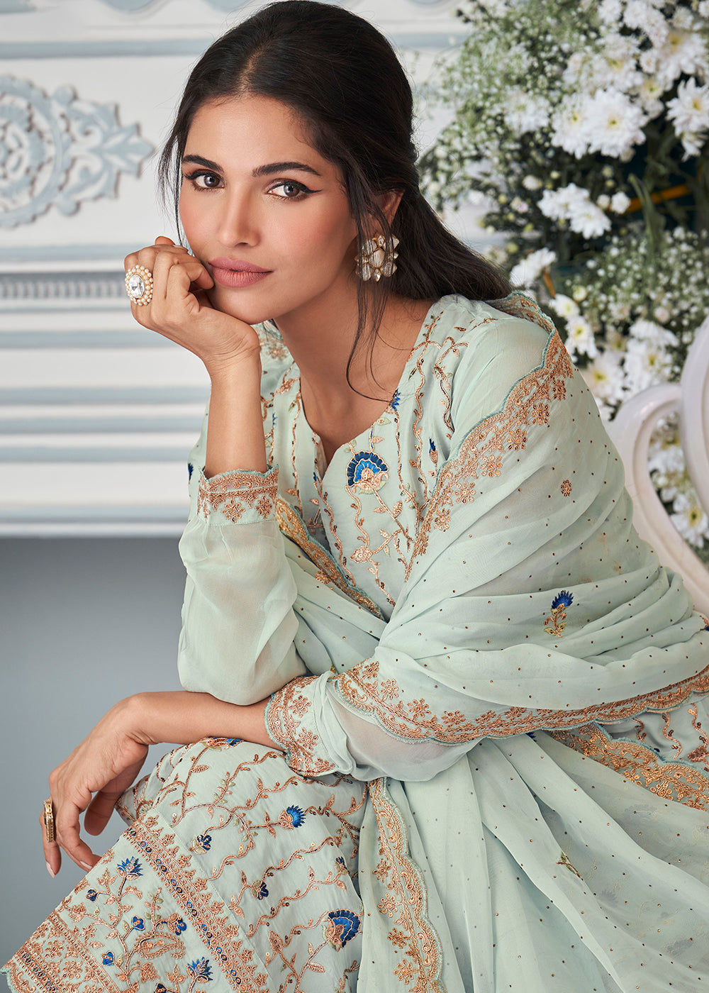 Coral Blue Organza Silk Embroidered Salwar Suit